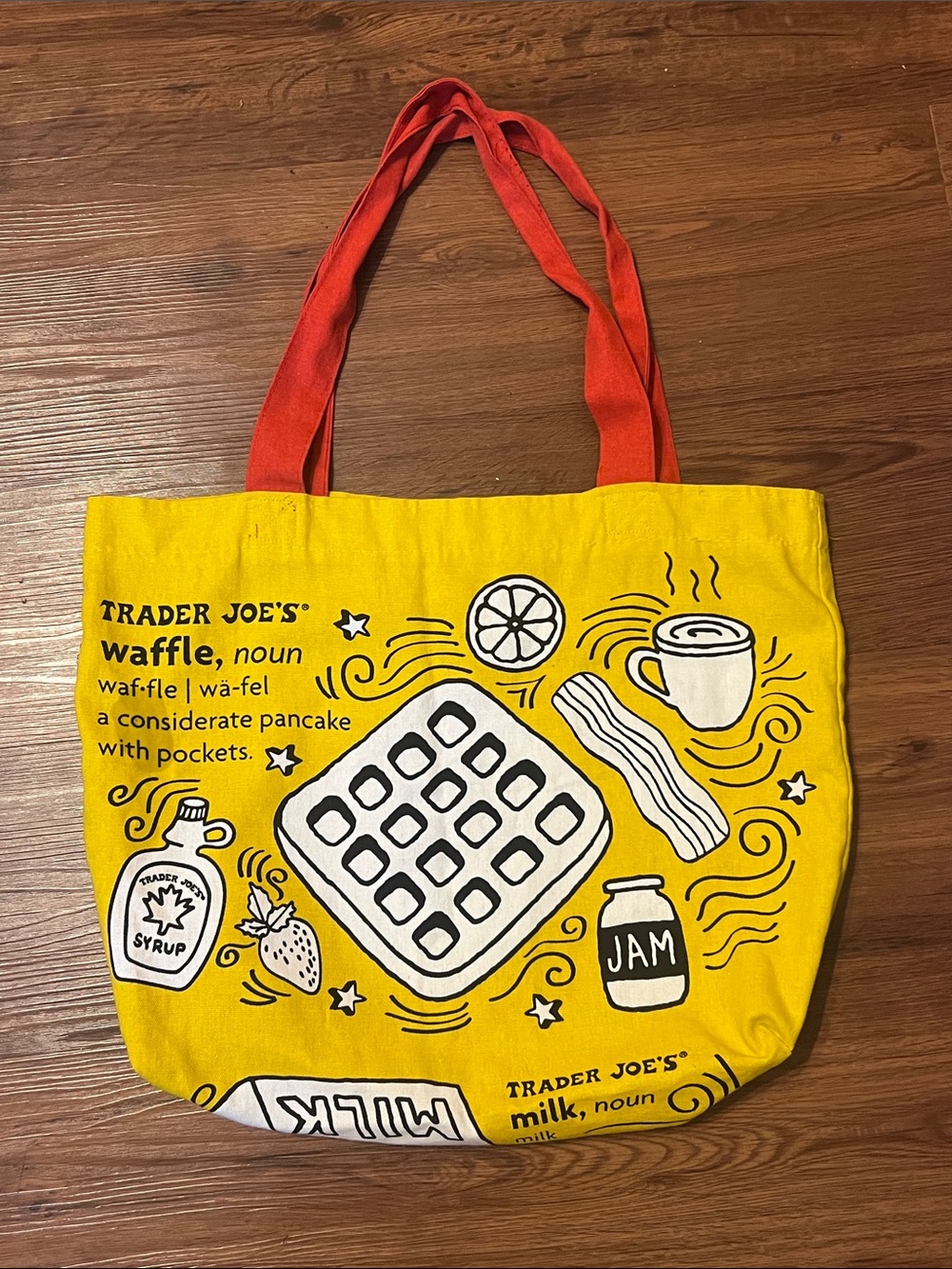 Trader Joe's  vintage Yellow Breakfast Graphic with Red Straps tote bag